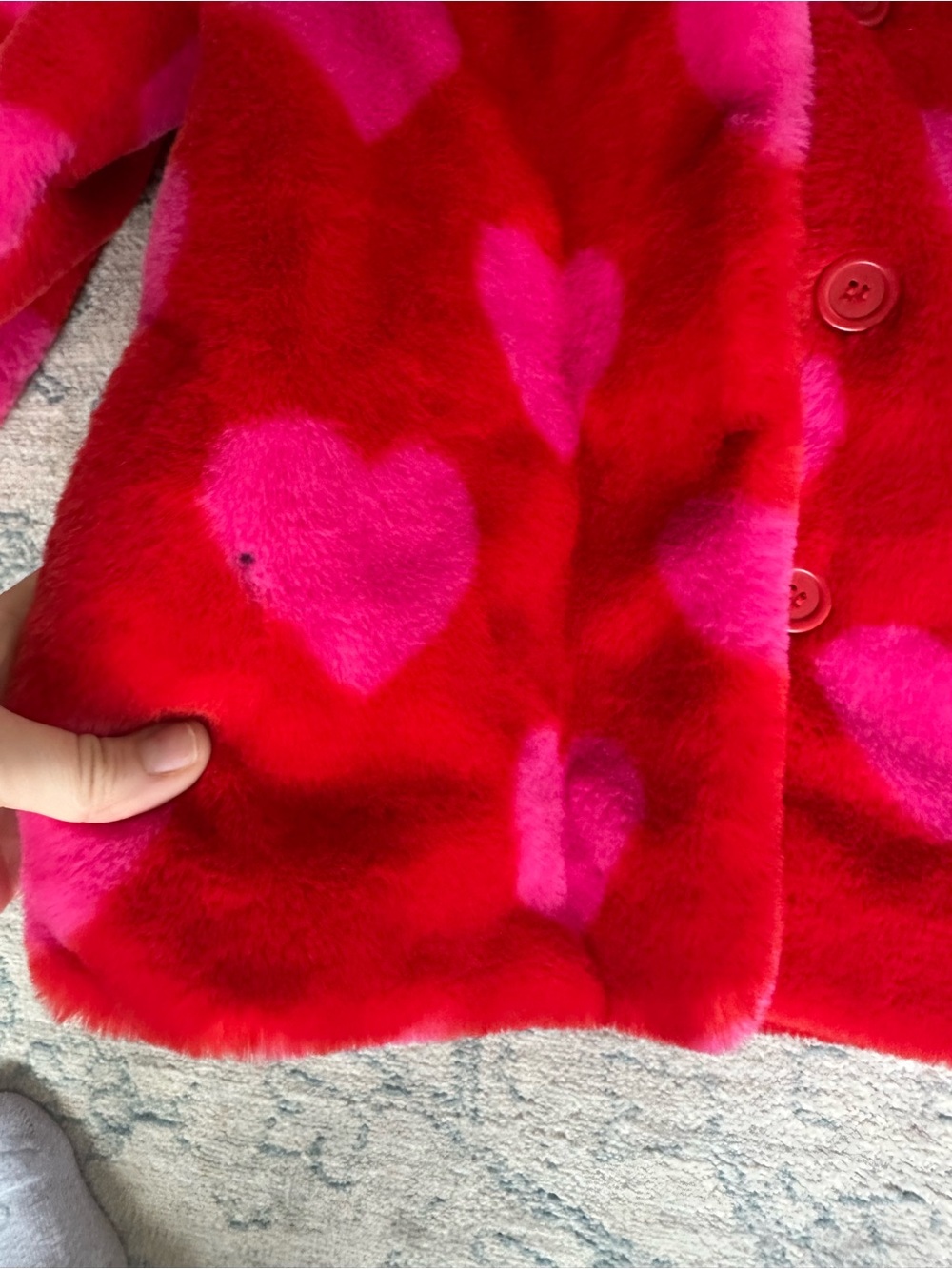 Mini Boden Faux Fur Heart Coat Girls 6-7Y Red Pink Warm Coat - Picture 6 of 10
